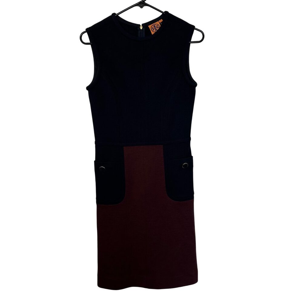 Tory Burch Wool Blend Knit Sheath Dress Size XS Burgundy Navy Classic Preppy